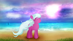 Size: 3840x2160 | Tagged: safe, artist:startledflowerpony, ocean spray, earth pony, pony, g4, beach, cloud, eyes closed, female, high res, mare, solo, strategically covered, windswept mane