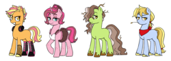 Size: 2240x800 | Tagged: safe, artist:pikokko, oc, oc only, oc:cherry pie, oc:coulee, oc:golden candy, oc:party cannon, earth pony, pony, unicorn, blank flank, clothes, female, freckles, headphones, maid, male, mare, messy mane, mud, neckerchief, offspring, offspring's offspring, parent:oc:cotton candy, parent:oc:golden delicious, parents:oc x oc, shoes, simple background, stallion, straw in mouth, white background