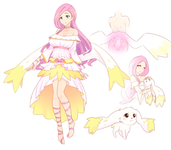 Size: 3000x2632 | Tagged: safe, artist:jonfawkes, angel bunny, fluttershy, human, rabbit, g4, barefoot, blushing, breasts, busty fluttershy, choker, clothes, cute, dress, eyes closed, feet, female, high res, humanized, looking at you, magical girl, shyabetes, simple background, smiling, white background, winged humanization, wings
