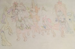 Size: 3931x2553 | Tagged: safe, artist:seriousponylovers, princess celestia, princess luna, oc, g4, angry, brush, chair, clothes, dress, hair, high res, tongue out, traditional art, young