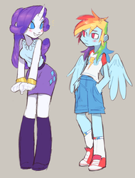 Size: 1155x1518 | Tagged: safe, artist:xenon, color edit, edit, rainbow dash, rarity, human, equestria girls, g4, blushing, clothes, colored, converse, cute, female, horn, horned humanization, humanized, lesbian, looking at each other, raribetes, ship:raridash, shipping, shoes, simple background, smiling, winged humanization, wings