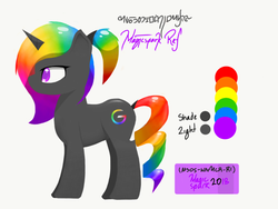 Size: 1943x1458 | Tagged: safe, artist:magicspark, oc, oc only, oc:magicspark, pony, unicorn, colored pupils, female, gray, mare, multicolored hair, ponytail, profile, rainbow hair, rainbow tail, reference sheet, solo, tail