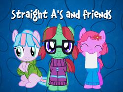 Size: 1024x768 | Tagged: safe, oc, oc only, oc:lilac sea, oc:posey tickle, oc:straight a's, earth pony, pony, unicorn, abstract background, base used, clothes, female, filly, flower, glasses, ponytail, spinoff, sweater, text, trio