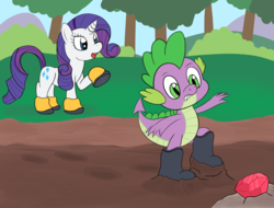 Size: 2048x1556 | Tagged: safe, artist:wingcommanderrudoji, rarity, spike, dragon, pony, unicorn, g4, boots, duo, gem, gritted teeth, helpful, helping, implied shipping, implied sparity, implied straight, mud, muddy, open mouth, raised leg, shoes, sticky