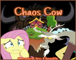 Size: 1176x930 | Tagged: safe, discord, fluttershy, cow, draconequus, pegasus, pony, fanfic:chaos cow, g4, fanfic, fanfic art, fanfic cover, female, male, mare