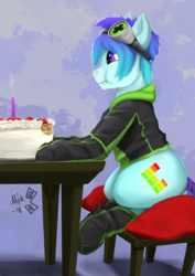 Size: 2894x4093 | Tagged: safe, artist:mik3thestrange, oc, oc only, oc:raven mcchippy, earth pony, pony, birthday, cake, clothes, eating, food, male, sitting, solo, stallion