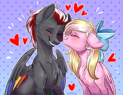 Size: 1100x850 | Tagged: safe, artist:pur-fox stardust, oc, oc:bay breeze, oc:mahx, pegasus, pony, abstract background, bahx, blushing, bow, chest fluff, couple, cute, eyes closed, female, hair bow, heart, male, nuzzling, straight