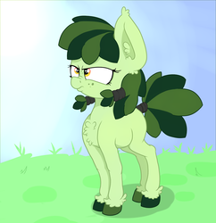 Size: 3219x3320 | Tagged: safe, artist:paskanaakka, derpibooru exclusive, oc, oc only, oc:sweetleaf, pony, chest fluff, colored hooves, ear fluff, female, filly, freckles, grumpy, high res, nose wrinkle, solo, tail wrap, unshorn fetlocks