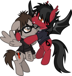 Size: 1215x1284 | Tagged: safe, artist:lightningbolt, derpibooru exclusive, bat pony, pegasus, pony, g4, .svg available, bat wings, body writing, clandestine industries, clothes, duo, ear fluff, emo, fall out boy, fangs, floppy ears, flying, glasses, hair over one eye, happy, hoodie, hug, jewelry, lidded eyes, long tail, looking at each other, looking up, male, messy tail, mikey way, my chemical romance, necklace, pete wentz, ponified, shirt, show accurate, shy, simple background, slit pupils, smiling, spread wings, stallion, svg, t-shirt, tattoo, touching, transparent background, vector, wings