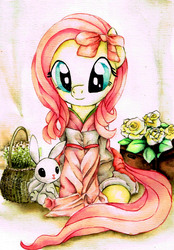 Size: 2394x3437 | Tagged: safe, artist:mashiromiku, angel bunny, fluttershy, pegasus, pony, g4, alternate hairstyle, bow, clothes, cute, duo, female, flower, hair bow, high res, kimono (clothing), looking at you, mare, rose, shyabetes, sitting, smiling, traditional art, watercolor painting