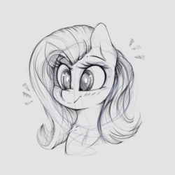 Size: 1660x1660 | Tagged: safe, artist:dapurpleheart, fluttershy, pegasus, pony, g4, bust, female, gray background, grayscale, mare, monochrome, portrait, simple background, sketch, smiling, solo