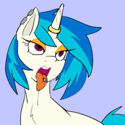 Size: 500x500 | Tagged: safe, artist:icicle-niceicle-1517, artist:reiduran, color edit, edit, dj pon-3, vinyl scratch, pony, unicorn, g4, bedroom eyes, blue background, colored, drool, ear piercing, earring, eyeshadow, female, horn, horn ring, jewelry, makeup, mare, open mouth, piercing, simple background, solo, tongue piercing