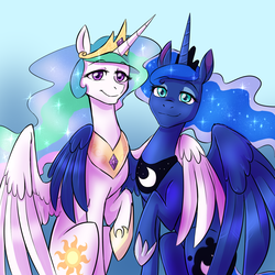 Size: 1280x1280 | Tagged: safe, artist:jitterbugjive, princess celestia, princess luna, alicorn, pony, g4, commission, crown, duo, ethereal mane, female, hoof shoes, hug, jewelry, lidded eyes, looking at you, mare, regalia, royal sisters, side hug, simple background, sisters, smiling, starry mane, winghug
