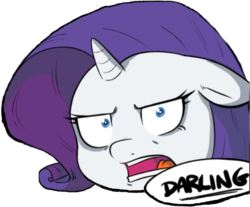 Size: 580x481 | Tagged: safe, artist:shoutingisfun, rarity, pony, unicorn, g4, angry, bust, cropped, darling, dialogue, female, head, looking at you, mare, reaction image, simple background, solo, speech bubble, transparent background, unamused