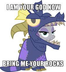 Size: 600x661 | Tagged: safe, edit, maud pie, earth pony, pony, g4, uncommon bond, dragon costume, female, i am your god now bring me your virgins, image macro, mare, meme, rock, simple background, solo, that pony sure does love rocks, transparent background, vector