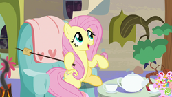 Size: 1280x720 | Tagged: safe, screencap, fluttershy, pegasus, pony, discordant harmony, g4, butterfly net, candy, cup, cute, female, food, mare, shyabetes, sitting, smoke, solo, teacup, teapot