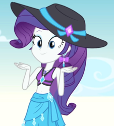 Size: 727x803 | Tagged: safe, screencap, rarity, equestria girls, g4, lost and found, my little pony equestria girls: better together, belly button, bikini, bikini top, clothes, cropped, cute, ear piercing, earring, female, geode of shielding, hat, jewelry, midriff, piercing, raribetes, rarity's blue sarong, rarity's purple bikini, sarong, solo, sun hat, swimsuit