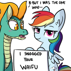 Size: 1650x1650 | Tagged: safe, artist:dsp2003, artist:tjpones edits, edit, rainbow dash, tianhuo (tfh), longma, pegasus, pony, them's fightin' herds, g4, blushing, community related, crossover shipping, dialogue, ear fluff, female, implied lesbian, implied shipping, implied tiandash, lesbian, lidded eyes, looking at you, mare, pony shaming, pure unfiltered evil, shaming, shipping, simple background, smug, text, tiandash, waifu, white background, wings