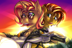 Size: 1500x1000 | Tagged: safe, artist:drizziedoodles, sunset shimmer, oc, oc:honey drizzle, pony, unicorn, g4, aviator sunglasses, canon x oc, clothes, cute, duo, jacket, leather jacket, motorcycle, rule 63, shipping, smiling, sunglasses, sunnydrizzle, sunset, sunset glare