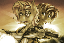 Size: 1500x1000 | Tagged: safe, artist:drizziedoodles, sunset shimmer, oc, oc:honey drizzle, pony, unicorn, g4, aviator sunglasses, canon x oc, clothes, cute, duo, jacket, leather jacket, motorcycle, rule 63, sepia, shipping, smiling, sunglasses, sunnydrizzle, sunset, sunset glare