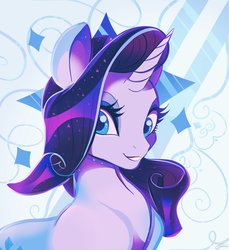 Size: 3200x3500 | Tagged: safe, artist:clockworkquartet, rarity, pony, unicorn, abstract background, bust, cutie mark, eyelashes, female, horn, looking at you, mare, portrait, pretty, smiling, solo, sparkles