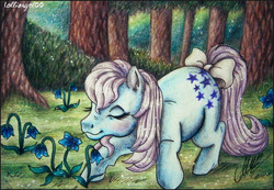 Size: 3080x2127 | Tagged: safe, artist:lolliangel00, artist:lolliangel123, blue belle, earth pony, pony, g1, bow, colored pencil drawing, female, flower, forest, high res, mare, pencil drawing, solo, tail bow, traditional art, tree, watercolor painting