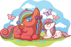 Size: 600x397 | Tagged: safe, artist:xkappax, baby moondancer, flutterbye, butterfly, pegasus, pony, unicorn, g1, g4, braid, female, filly, g1 to g4, generation leap, mare, simple background, transparent background