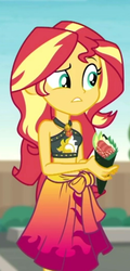 Size: 447x930 | Tagged: safe, screencap, sunset shimmer, equestria girls, g4, my little pony equestria girls: better together, x marks the spot, bikini, clothes, cropped, food, midriff, sarong, sushi, swimsuit