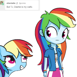 Size: 1650x1650 | Tagged: safe, artist:tjpones, rainbow dash, human, pony, equestria girls, g4, animated, ask, clothes, eyebrow wiggle, female, gif, human ponidox, imminent selfcest, implied lesbian, implied selfcest, implied shipping, looking at each other, looking back, mare, self ponidox, shirt, simple background, tumblr, white background