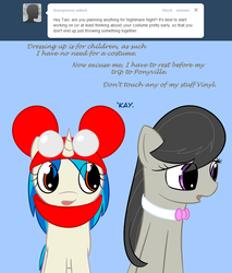 Size: 801x942 | Tagged: safe, artist:erthilo, dj pon-3, octavia melody, vinyl scratch, earth pony, pony, unicorn, ask octavia, g4, ask, clothes, costume, duo, duo female, female, mare, wrong eye color