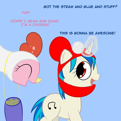 Size: 801x801 | Tagged: safe, artist:erthilo, dj pon-3, pinkie pie, vinyl scratch, earth pony, pony, unicorn, ask octavia, g4, animal costume, chicken pie, chicken suit, clothes, costume, duo, duo female, female, mare