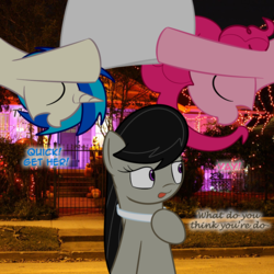 Size: 900x900 | Tagged: safe, artist:erthilo, dj pon-3, octavia melody, pinkie pie, vinyl scratch, earth pony, pony, unicorn, ask octavia, g4, female, halloween, holiday, irl, mare, photo, ponies in real life