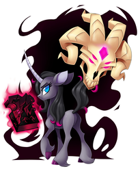 Size: 2288x2793 | Tagged: safe, artist:centchi, fhtng th§ ¿nsp§kbl, oleander (tfh), classical unicorn, demon, pony, unicorn, them's fightin' herds, black magic, book, cloven hooves, community related, curved horn, featureless crotch, female, glowing eyes, high res, horn, leonine tail, lidded eyes, looking back, magic, male, mare, simple background, skull, smiling, telekinesis, unicornomicon, unshorn fetlocks, watermark, white background