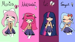 Size: 1366x768 | Tagged: safe, artist:serenaria, fluttershy, pinkie pie, trixie, twilight sparkle, human, g4, alternate universe, chibi, clothes, doki doki literature club!, female, flutter-monika, group, humanized, misspelling, monika, natsuki, pinkie natsuki, quartet, sayori, sayori trixie, school uniform, spoilers for another series, tsundere, tsundere pie, twiyuri, yuri (ddlc)