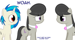 Size: 1082x575 | Tagged: safe, artist:erthilo, dj pon-3, octavia melody, vinyl scratch, earth pony, pony, unicorn, ask octavia, g4, ask, eye contact, female, looking at each other, mare, self ponidox, simple background, white background, wrong eye color
