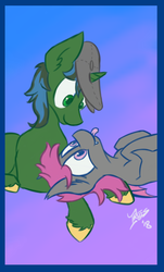 Size: 525x867 | Tagged: safe, artist:irdes, oc, oc only, oc:fruitful melody, oc:rc, bat pony, pony, unicorn, :p, bat pony oc, couple, looking at each other, ship:frc, shipping, silly, tongue out