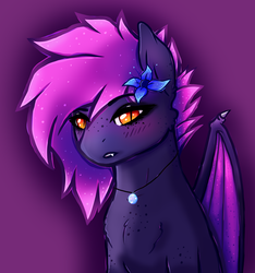 Size: 1541x1649 | Tagged: safe, artist:aaa-its-spook, artist:spook, oc, oc only, oc:spook, bat pony, pony, accessory, blushing, chest fluff, eyeliner, eyeshadow, fangs, female, freckles, jewelry, lipstick, looking at you, makeup, necklace, orange eyes, poison joke, purple mane, sitting, solo, wings