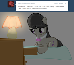 Size: 764x669 | Tagged: safe, artist:erthilo, octavia melody, earth pony, pony, ask octavia, g4, ask, bed, female, lamp, mare, prone, solo