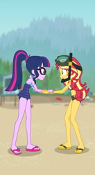 Size: 470x858 | Tagged: safe, screencap, sci-twi, sunset shimmer, twilight sparkle, equestria girls, g4, my little pony equestria girls: better together, unsolved selfie mysteries, beach shorts swimsuit, bikini, clothes, cropped, duo, duo female, feet, female, flip-flops, glasses, midriff, sandals, sunset shimmer's beach shorts swimsuit, swimsuit