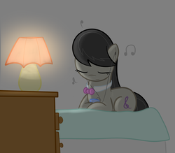Size: 764x669 | Tagged: safe, artist:erthilo, octavia melody, earth pony, pony, ask octavia, g4, ask, bed, earbuds, eyes closed, female, lamp, mare, prone, solo