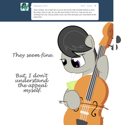 Size: 967x999 | Tagged: safe, artist:erthilo, octavia melody, earth pony, pony, ask octavia, g4, ask, bipedal, bow (instrument), cello, cello bow, female, juice, juice box, mare, musical instrument, solo