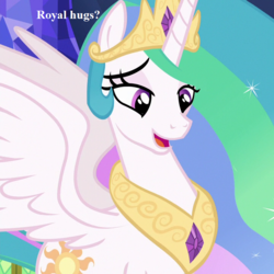 Size: 720x720 | Tagged: safe, edit, edited screencap, editor:korora, screencap, princess celestia, alicorn, pony, celestial advice, g4, bronybait, cropped, cute, cutelestia, female, hug, jewelry, regalia, smiling, solo, text