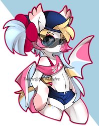 Size: 550x697 | Tagged: safe, artist:snow angel, oc, oc only, oc:candy cream, bat pony, semi-anthro, arm hooves, belly button, bubblegum, clothes, ear fluff, food, gum, hat, heart eyes, midriff, open fly, shorts, solo, sunglasses, watermark, wingding eyes