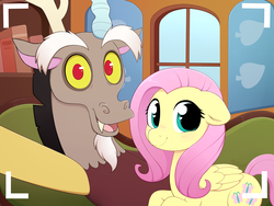 Size: 4000x3000 | Tagged: safe, artist:moozua, discord, fluttershy, draconequus, pegasus, pony, g4, camera shot, cute, discute, duo, female, floppy ears, folded wings, friendship, heart eyes, looking at you, male, selfie, shyabetes, smiling, wingding eyes