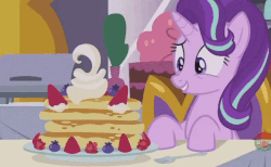 Size: 659x407 | Tagged: safe, screencap, starlight glimmer, pony, a royal problem, g4, season 7, animated, blueberry, breakfast, eye shimmer, female, food, pancakes, solo, strawberry, whipped cream
