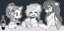 Size: 1199x583 | Tagged: safe, artist:bbtasu, oc, oc only, oc:nel drip, oc:shidare sakura, alcohol, drinking, female, hoof hold, mare, monochrome, outline, simple background, smiling