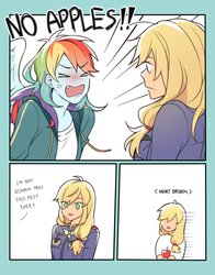 Size: 1100x1400 | Tagged: safe, artist:dcon, applejack, rainbow dash, equestria girls, g4, testing testing 1-2-3, ><, apple, clothes, descriptive noise, dialogue, eyes closed, female, food, heartbreak, lesbian, scene interpretation, ship:appledash, shipping, wondercolts uniform