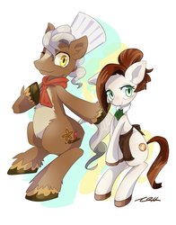 Size: 802x1024 | Tagged: safe, artist:bbtasu, oc, oc only, oc:brown spice, oc:nel drip, earth pony, pony, apron, bipedal, chef's hat, clothes, couple, crossed arms, cute, duo, female, hair bun, hat, looking at you, male, mare, stallion, unshorn fetlocks