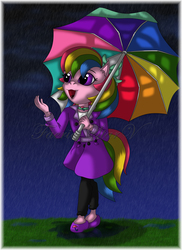 Size: 5100x7019 | Tagged: safe, artist:faerie-starv, parasol (g1), earth pony, anthro, unguligrade anthro, g1, absurd resolution, female, rain, umbrella