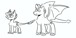 Size: 1692x856 | Tagged: safe, artist:kianamai, oc, oc only, oc:crystal clarity, oc:turquoise blitz, dracony, dragon, hybrid, kilalaverse, black and white, brother and sister, female, grayscale, interspecies offspring, male, monochrome, next generation, offspring, parent:rarity, parent:spike, parents:sparity, simple background, white background